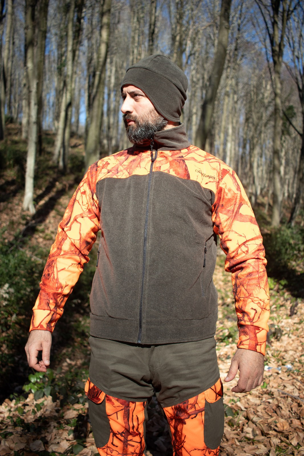 Challenger Polar - Fleece Hunting Jacket – Lint-Free, Triple Pocket, Orange-Khaki - SA 12